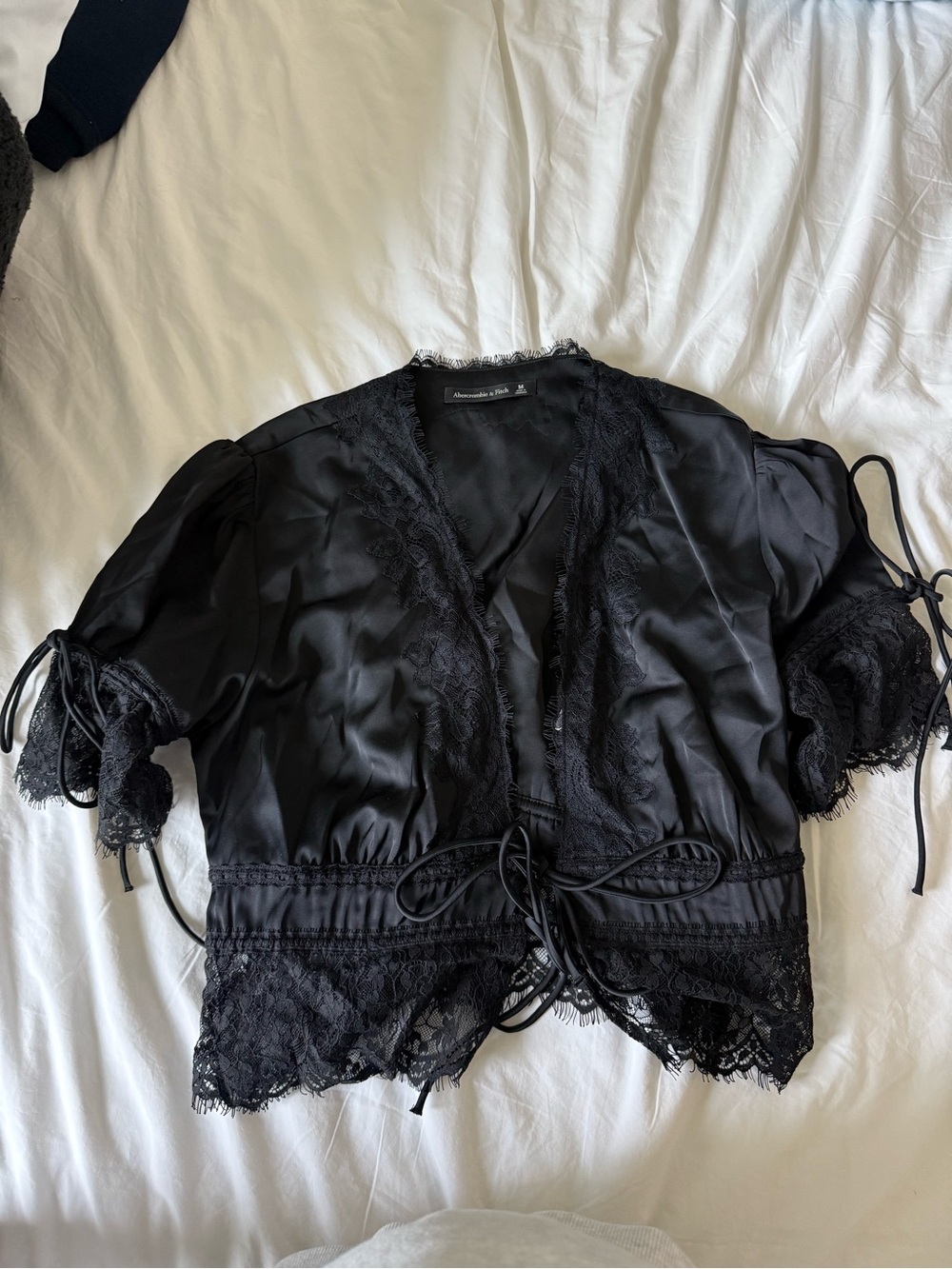 Abercrombie Black Lace-Trim Satin Tie-Front Top